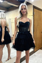 Black Homecoming Dress Spaghetti Straps Corset Short Prom Dress